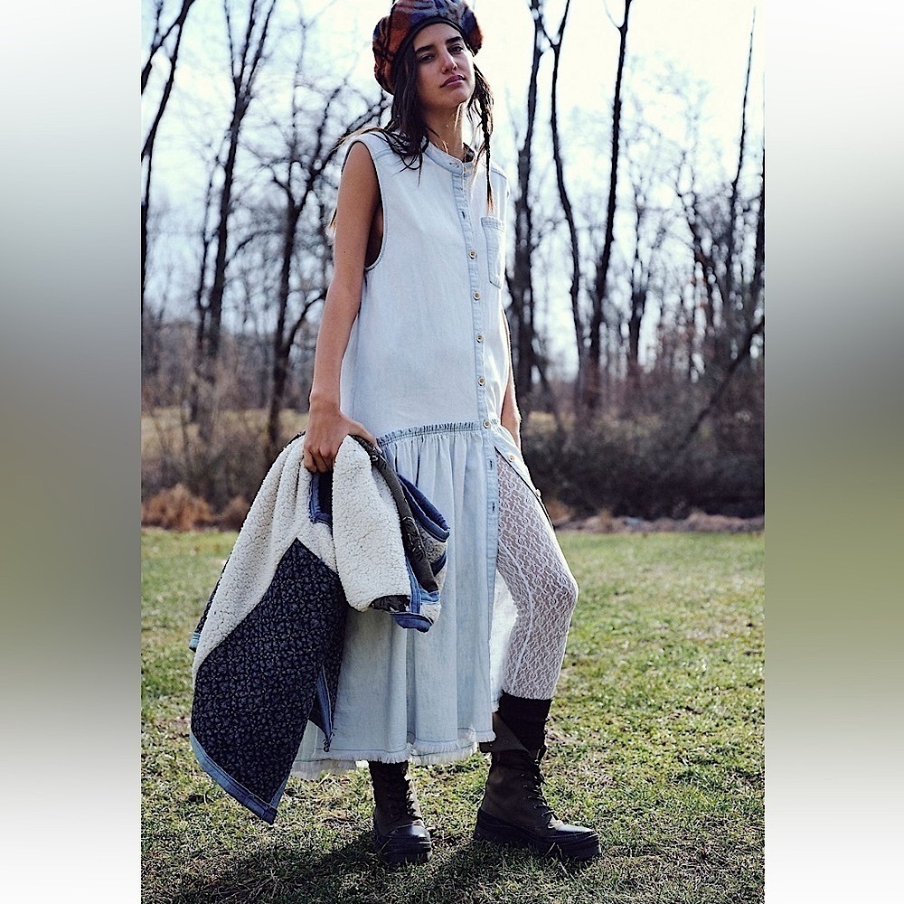 Free People Charlie Drop Waist Denim Maxi Dress XS